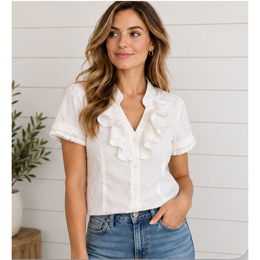Van Heusen Studio White Ruffle Blouse Women’s Large 100% Cotton Button Front